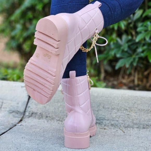 Womens Chunky Block Heel Ankle Combat Boots Pink Color - Picture 7 of 7